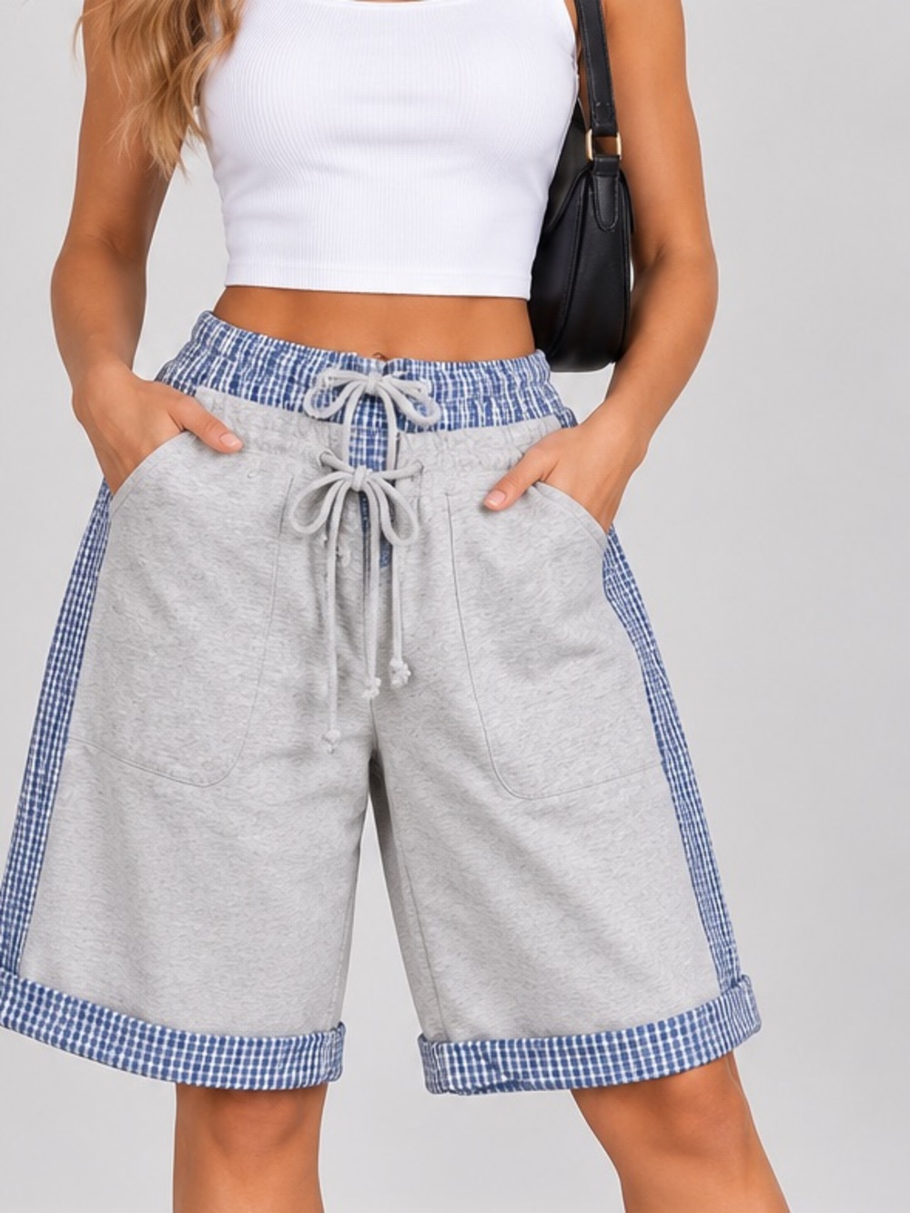 064.New  Gray Lounge Shorts with Blue Gingham Trim
